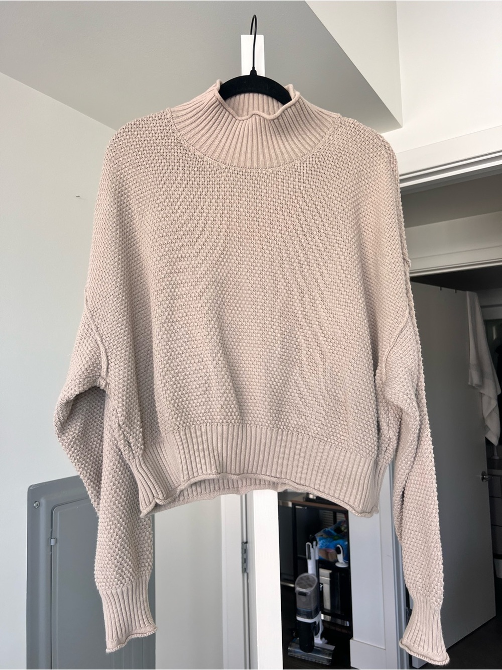 Free People Beach Mock Neck Knit Oversize Sweater Beige Sz M/L